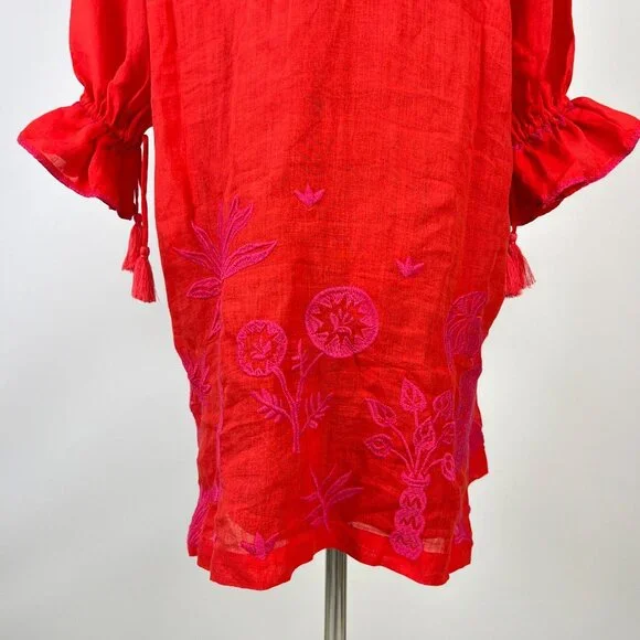 NWOT Johnny Was Ramie Embroidery Ruffles Red Luciana Tie Front Sleeve Dress XL